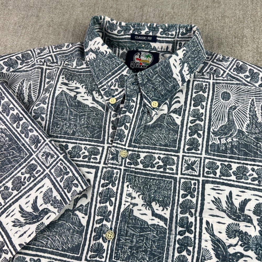 Reyn Spooner Button Down Shirt Mens Large Blue Block Print Tropical Aloha Beach